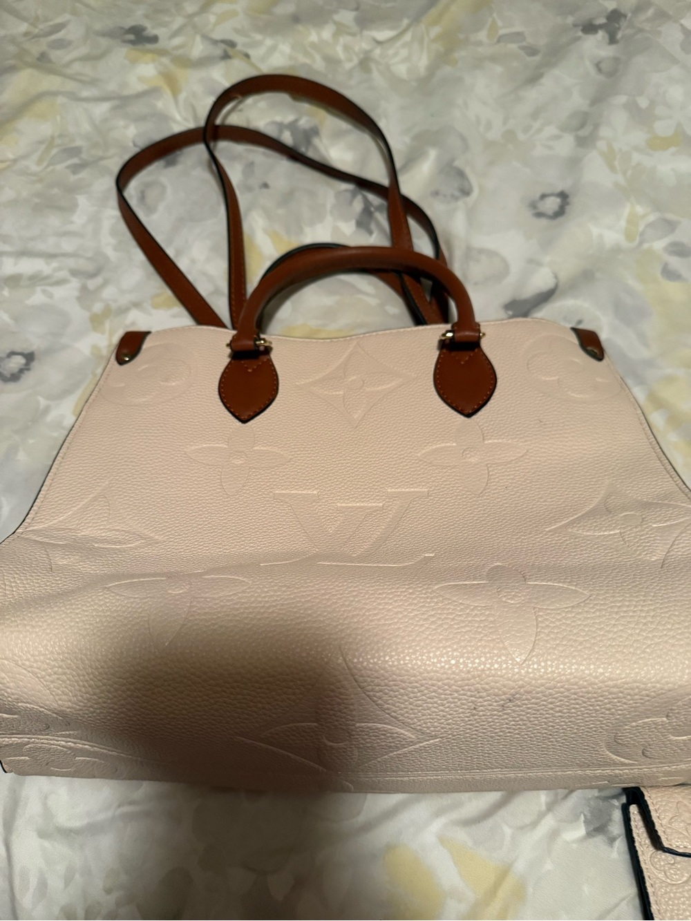 Cream and brown Embossed Faux 
Leather Satchel with Brown Handles